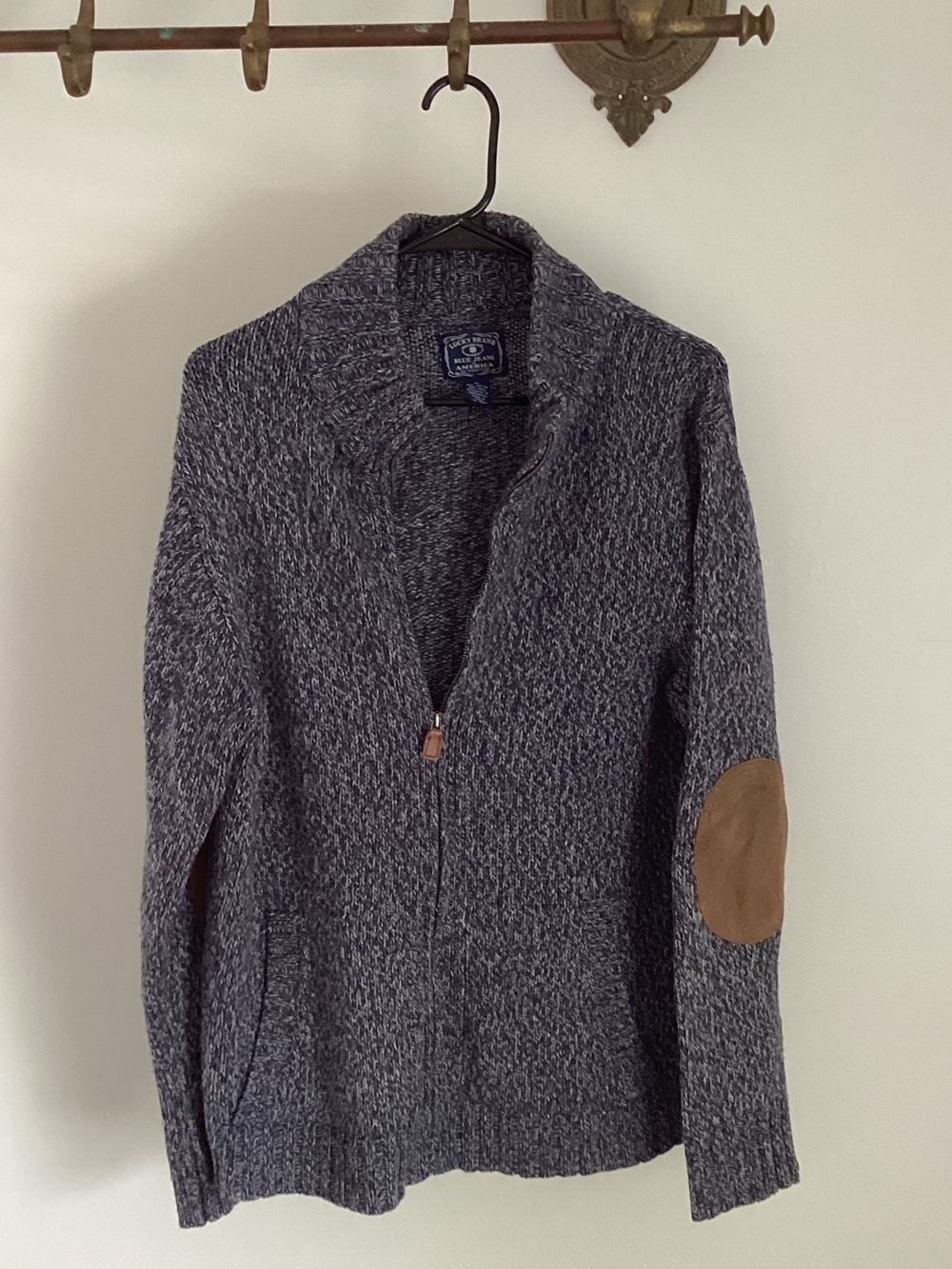 Barbour Marled Gray Zip Cardigan with Brown Elbow Patches
